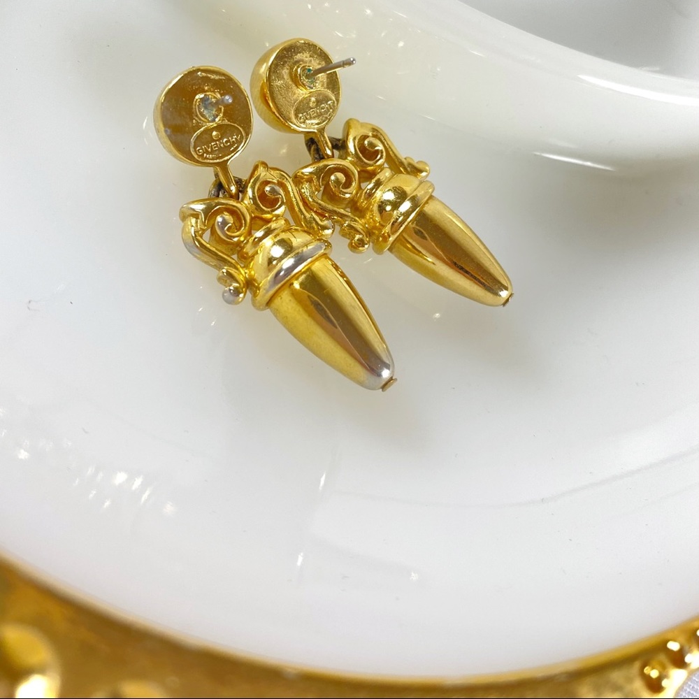 Givenchy Couture Gold Plated & Crystal Dangle Earrings in a Scroll Design - Picture 4 of 8